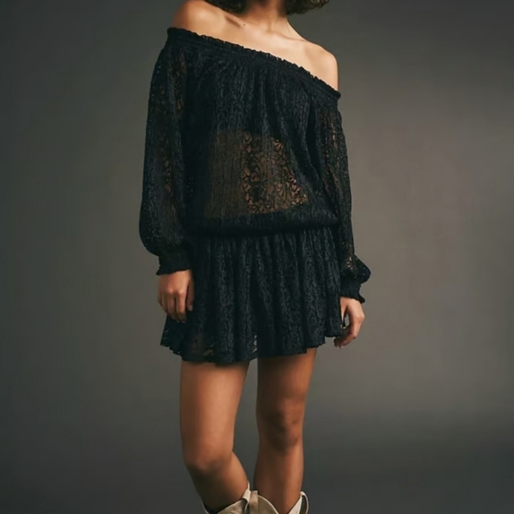 Free People‎ Carina Meadow Whimsigoth Black Lace Flowy Feminine Mini Dress
